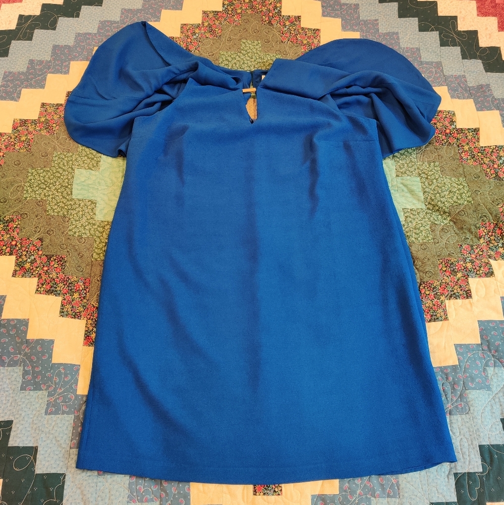 London Times Cold Shoulder Mini Cape Blue Dress - Picture 3 of 10